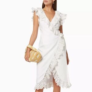 NWT De La Vali Cadaques Ruffle Wrap Midi Dress in White Broderie Anglaise Cotton